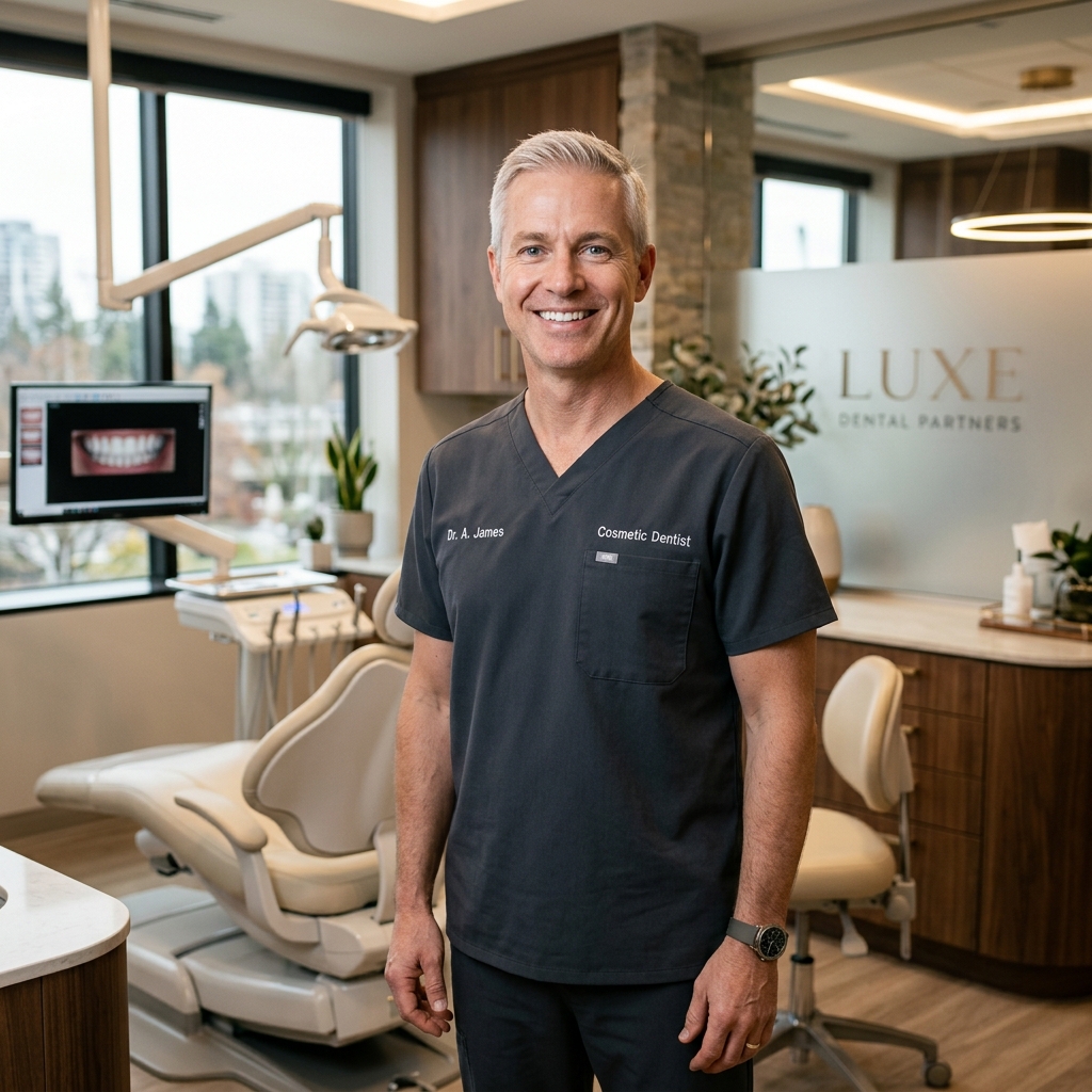 Dr. Alexander Sterling Cosmetic Dentist standing in luxury clinic clinic office